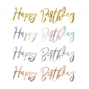 Napisy "Happy Birthday" w różnych kolorach i stylach, ułożone jeden pod drugim, w tym złoty, tęczowy, srebrny i różowy metaliczny.