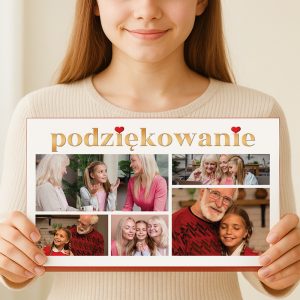 Młoda dziewczyna z długimi włosami trzyma plakat z napisem 'podziękowanie', na którym znajdują się zdjęcia szczęśliwych osób, w tym dzieci i dorosłych, spędzających czas razem w radosnych chwilach.