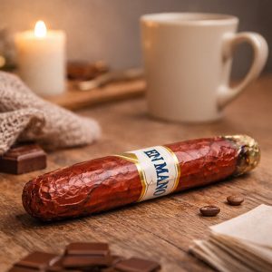 Cygaro czekoladowe z etykietą "EN MANO" leży na drewnianym stole, obok znajduje się filiżanka, kawa, kawałki czekolady oraz jasny szal.