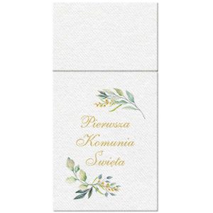 Biała kartka z tekstem 'Pierwsza Komunia Święta' zapisanym złotymi literami, ozdobiona delikatnymi akwarelowymi liśćmi i kwiatuszkami.