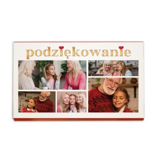 Kolaż zdjęć przedstawiający różne grupy osób, w tym dzieci, dorosłych i starszych ludzi, w radosnych okolicznościach, z napisem 'podziękowanie' w złotych literach na górze.