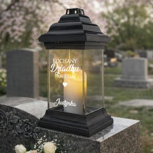 Czarna lampion z przezroczystymi ściankami, wewnątrz której znajduje się świeca, umieszczona na nagrobku w otoczeniu innych nagrobków. Na lampionie widnieje napis w języku polskim: 'KOCHANY DZIADKU PAMIĘTAM Justynka'.