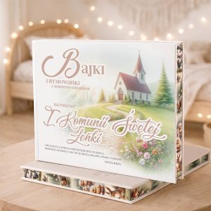 Książka z tytułem "Bajki i rymowanki" leży na stole, z ilustracją kościoła i kwiatów na okładce, w tle przytulne wnętrze.