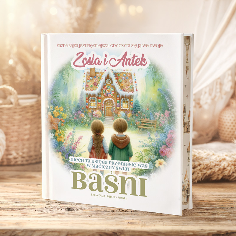 Okładka książki "Zosia i Antek" z ilustracją bajkowego domku i dwojgiem dzieci, zapraszająca do magicznego świata baśni.