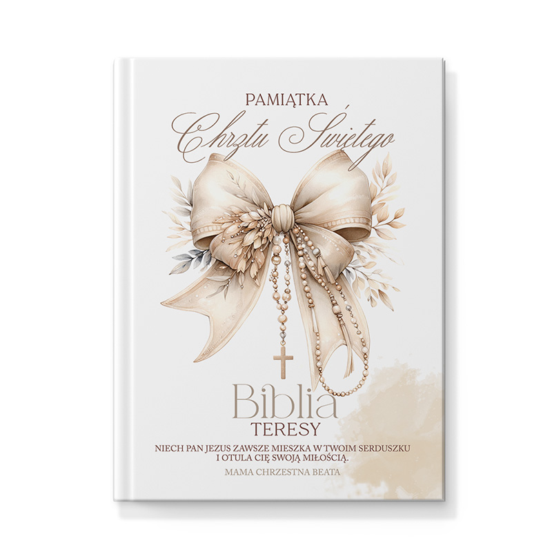 Pamiątka Chrztu Świętego z ozdobną wstążką, różańcem i napisem "Biblia Teresy".