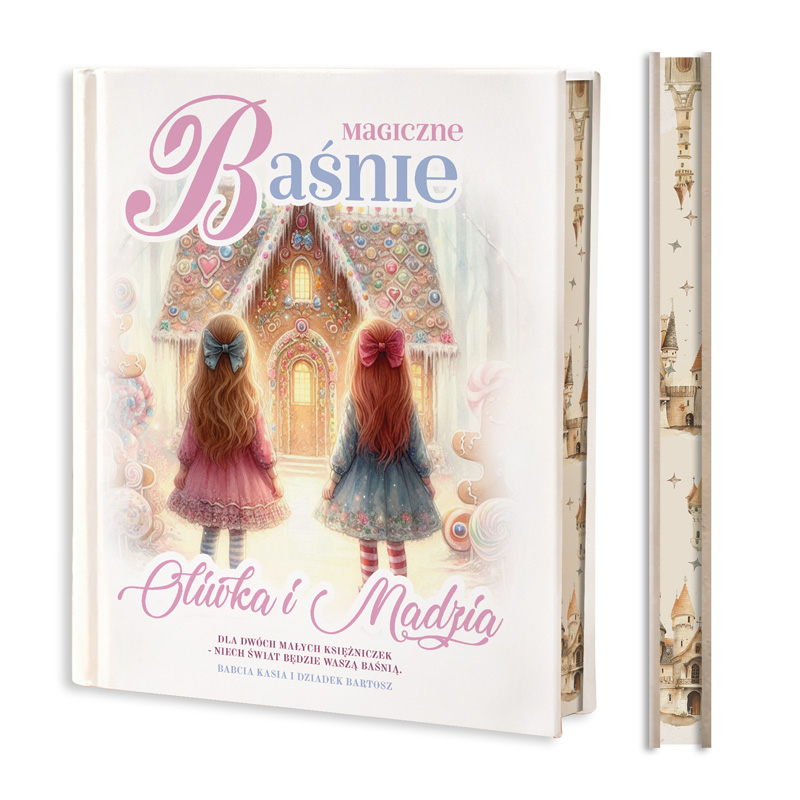 Okładka książki "Baśnie" przedstawiająca dwie dziewczynki z długimi włosami, stojące przed bajkowym domkiem.