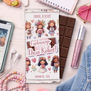 Wizualizacja czekolady z ilustracjami dziewczynek trzymających serca, z napisem "Cudownego Dnia Kobiet!" i kolorowym tłem.