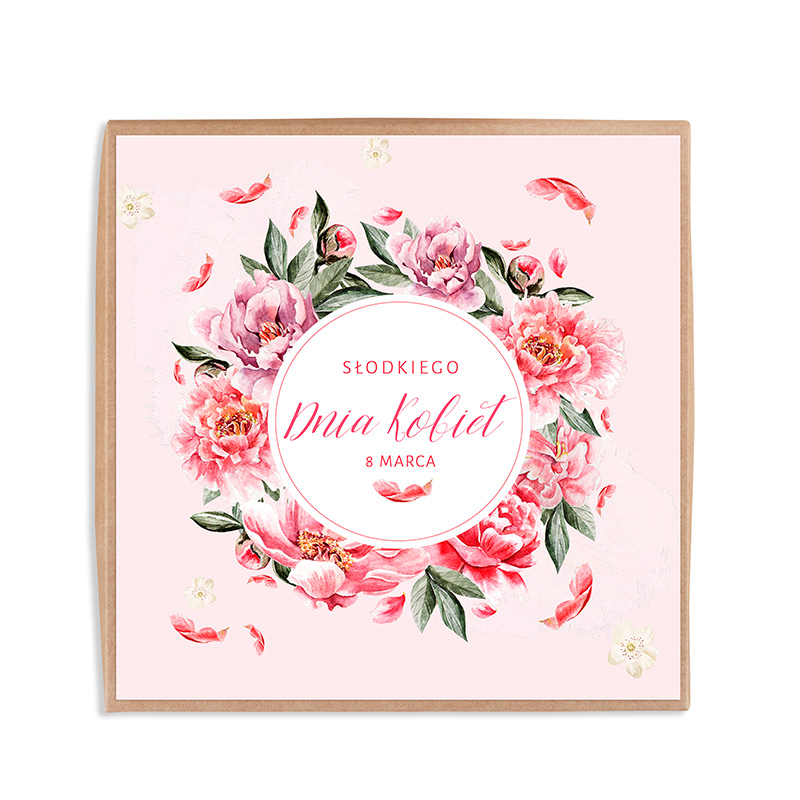 Kartka z okazji Dnia Kobiet z kwiatowymi wzorami w odcieniach różu, z napisem "Słodkiego Dnia Kobiet 8 Marca" w centralnym okręgu.