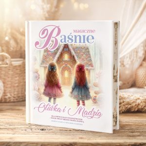 Okładka książki "Magiczne Baśnie" z tytułem "Ośmiotka i Madzia", przedstawiająca dwie dziewczynki stojące przed kolorowym domkiem.