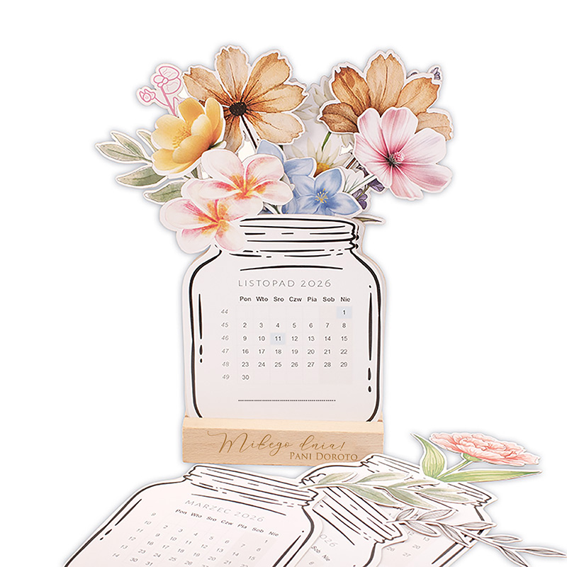 Kalendarz stojący na blacie z ilustracją słoika pełnego kolorowych kwiatów oraz datą i dniami tygodnia.