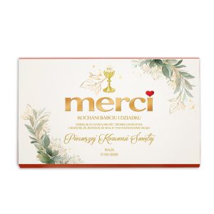 Kartka z napisem "merci", z motywem roślinnym, z datą 17/05/2026 i tekstem informującym o Pierwszej Komunii Świętej.