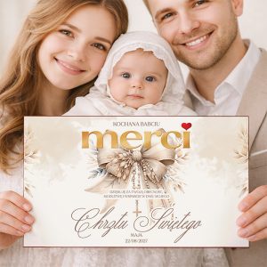Personalizowana bombonierka MERCI jako podziękowanie na Chrzest Święty