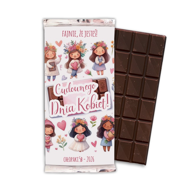 Opakowanie czekolady z rysunkami dziewczynek w różnych strojach oraz napisem "Cudownego Dnia Kobiet!" na białym tle.