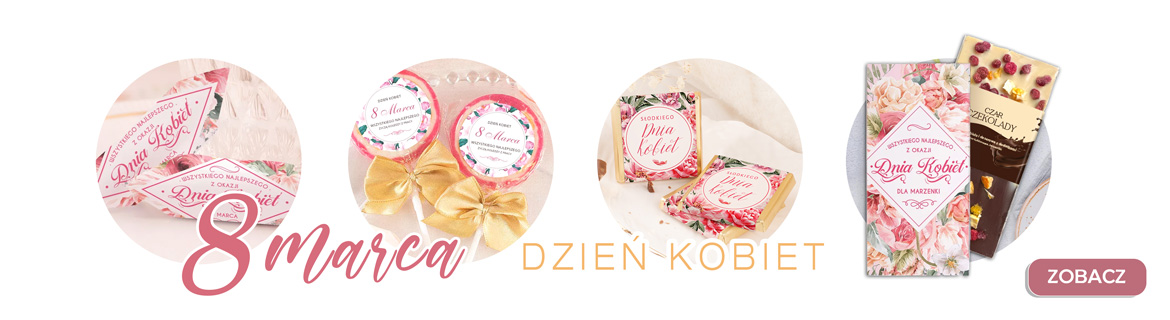 Grafika promująca Dzień Kobiet, zawierająca różne dekoracyjne elementy w różowych odcieniach oraz napis "8 marca".