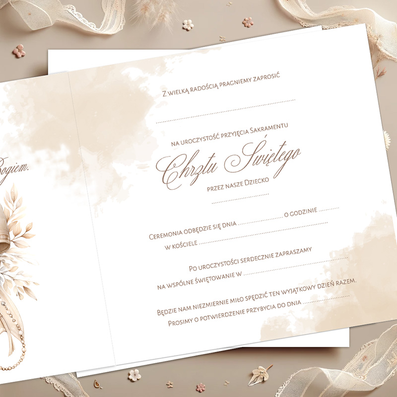 Zaproszenie na chrzest, z delikatnym tłem i ozdobnymi elementami floralnymi, z informacjami o ceremonii.