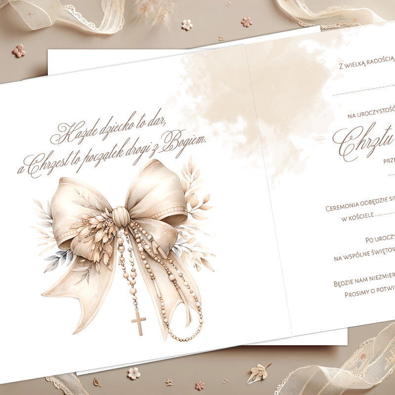 Elegancka kartka z ilustracją dużej, jasnej wstążki z koralikami i krzyżykiem, z napisem zapraszającym na uroczystość religijną.