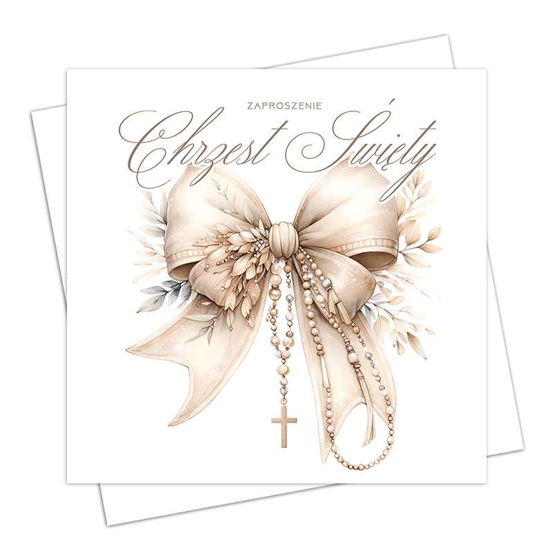 Zaproszenie na chrzest z beżową wstążką, kwiatami i naszyjnikiem z krzyżem. Elegancki, minimalistyczny design.