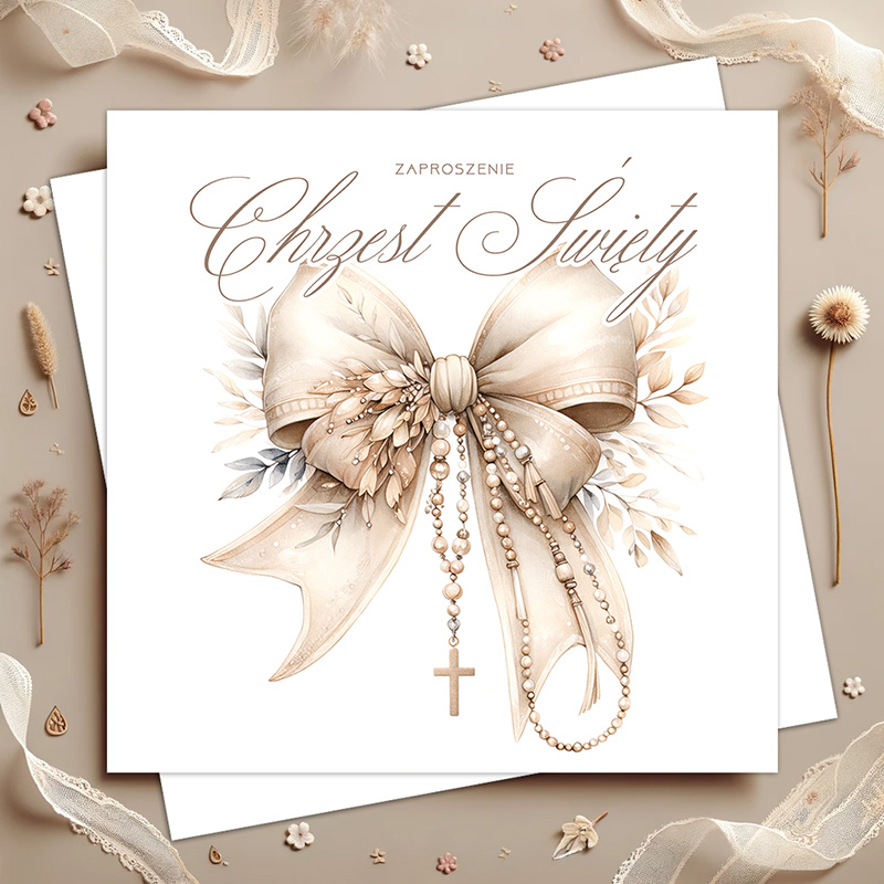 Elegancka kartka zaproszeniowa z dużą wstęgą i dekoracjami, z napisem "Zaproszenie Chrztu Świętego".