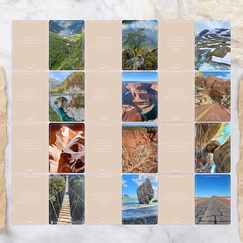 Zestaw zdjęć przedstawiający różnorodne krajobrazy, w tym góry, wąwozy, mosty i plaże, z podpisami w dolnej części każdej karty.