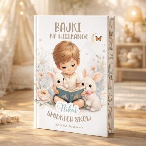 Okładka książki "Bajki na Wielkanoc" przedstawiająca chłopca czytającego zajączkom w pastelowych kolorach.