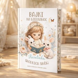 Personalizowana książka z ilustracją dziewczynki czytającej bajki na Wielkanoc, otoczonej białymi królikami.