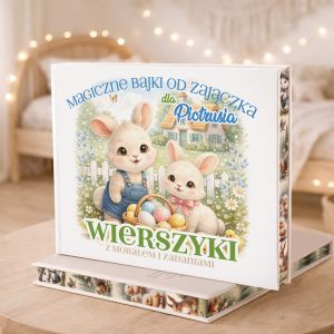 Ilustrowana książka dla dzieci z tytułem "Magiczne bajki od Zajączka", przedstawiająca dwa urocze zajączki z koszykiem pełnym jajek.
