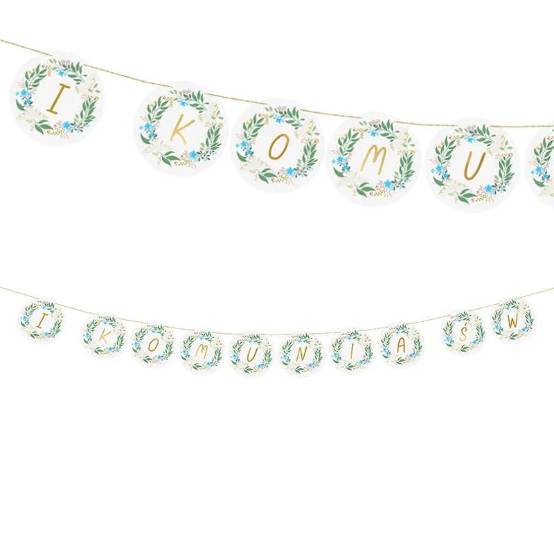 Girlanda z okrągłymi kartkami w kolorowe wzory, zawierająca napisy "I KOMUNIA" oraz "IKOMUNIA ŚW".
