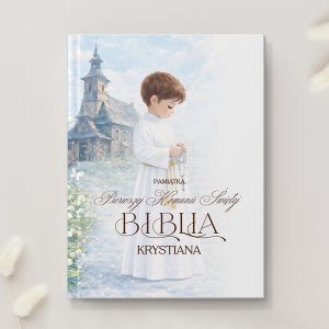 Okładka książki z tytułem "Pamiątka Pierwszej Komunii Świętej", przedstawiająca chłopca w białym szacie z różańcami, w tle kościoła.
