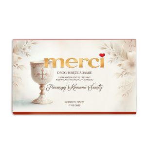 Kartka z napisem "merci", przypominająca zaproszenie na Pierwszą Komunię Świętą, z motywem kielicha i kwiatów.