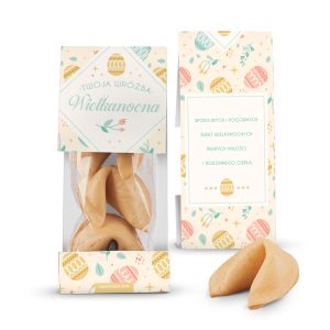 Tradycyjne ciasteczka z wróżbą w ozdobnym opakowaniu na Wielkanoc, z kolorowymi wzorami.