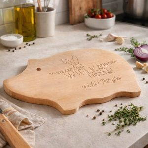 deska-w-ksztalcie-swinki-z-personalizacja.jpg Deska do krojenia w kształcie świnki z grawerem "TU SIĘ ZACZYNA WIELKANOCNA UCZTA!" na blacie kuchennym w domowym otoczeniu.