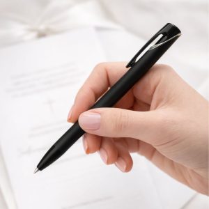 Czarna długopisem trzymana w dłoni, nad białą kartką z widocznym tekstem.