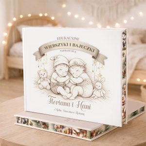 Książka dla dzieci z tytułem "Edukacyjne wierszyki i bajeczki", z ilustracją dwojga dzieci trzymających się za ręce.