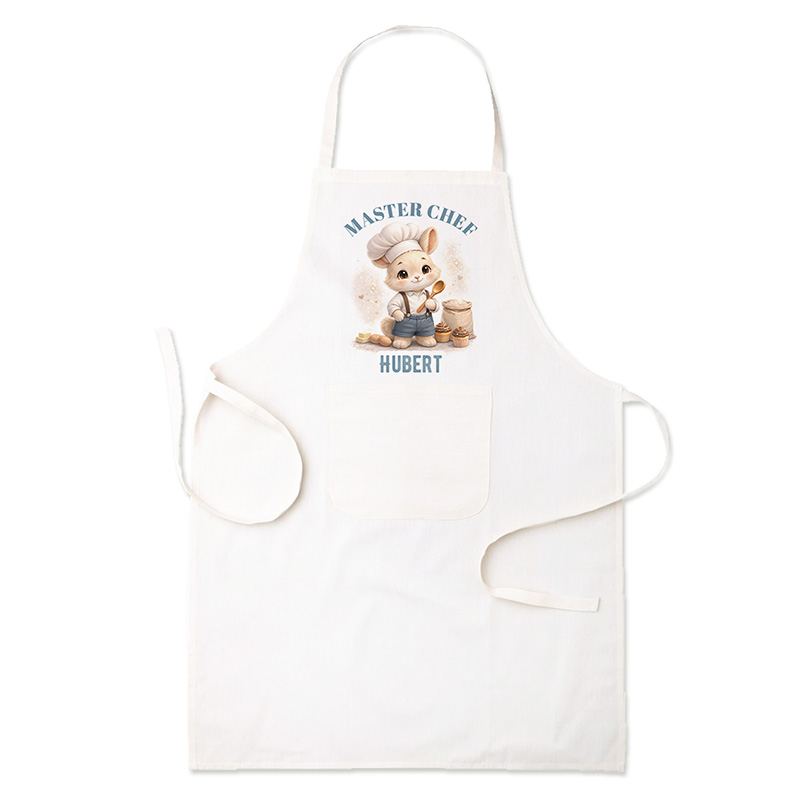 Fartuch kuchenny z ilustracją uroczego króliczka w czapce kucharskiej, napis "MASTER CHEF" i kieszonką z przodu.