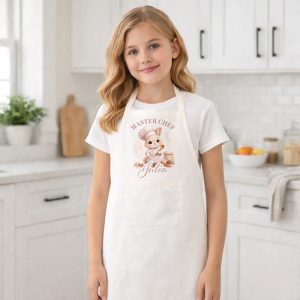 Dziewczynka w białym fartuchu kucharskim z napisem "MASTER CHEF" stoi w jasnej kuchni.