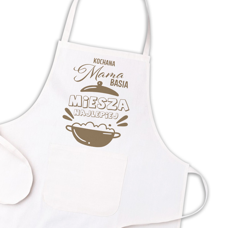 Fartuch kuchenny z napisem "Kochana Mama miesza najlepiej" oraz grafiką przedstawiającą garnek.