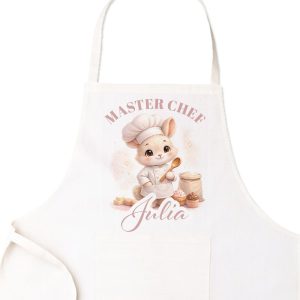 Fartuch kuchenny z ilustracją uroczej myszy w białym stroju szefa kuchni, trzymającej łyżkę, z napisem "MASTER CHEF".