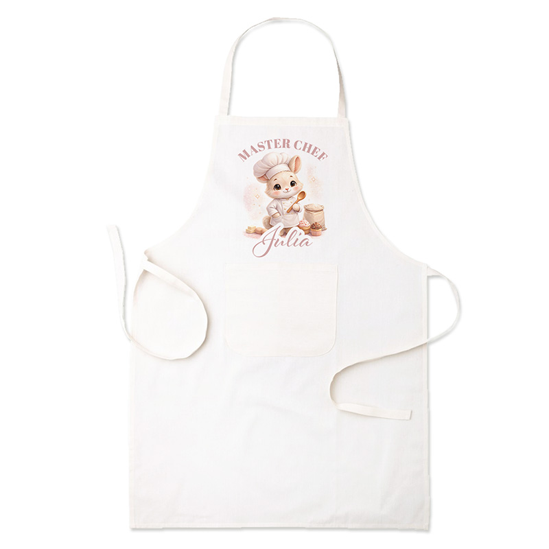 Biały fartuch kuchenny z nadrukiem misia w czapce szefa kuchni z napisem "MASTER CHEF".