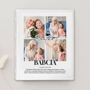 Album ze zdjęciami przedstawiającymi babcię z wnuczkami, z napisem "Babcia" i krótkim opisem znaczenia babci w rodzinie.