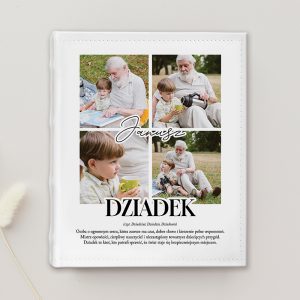 Książka ze zdjęciami przedstawiającymi wnuka z dziadkiem, z tytułem „DZIADEK” na dole i imieniem „Janusz” na górze.