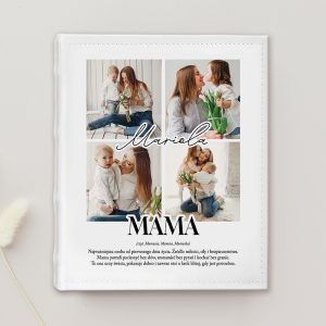 fotoalbum-na-dzien-mamy-z-personalizacja.jpg Kolaż zdjęć przedstawiający matkę z dzieckiem oraz tekst o miłości i opiece matczynej. Obrazy wyrażają bliskość i radość.