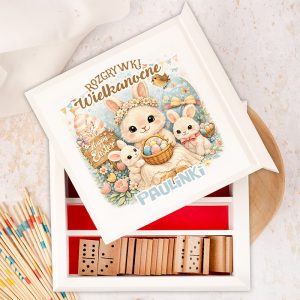 Wielkanocna gra z uroczymi króliczkami, koszykiem pełnym jajek i napisem "Rozrywki Wielkanocne".