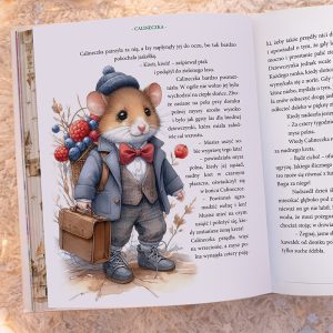 Ilustracja przedstawia małego gryzonia w eleganckim garniturze z kapeluszem, niosącego torbę podróżną i bukiet owoców. Ilustracja do książki z baśniami.