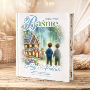 Okładka książki "Magiczne Baśnie" z dwoma chłopcami patrzącymi na urokliwy domek z piernika. Tło pełne kolorowych świateł i ozdób.