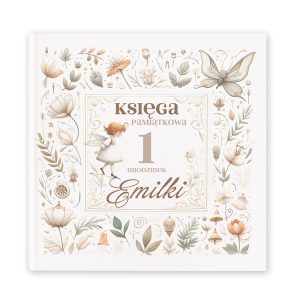 ksiega-pamiatkowa-z-1-urodzinek.jpg Księga pamiątkowa 1. urodzin, ozdobiona ilustracjami kwiatów i motyli, z postacią dziewczynki w centrum.
