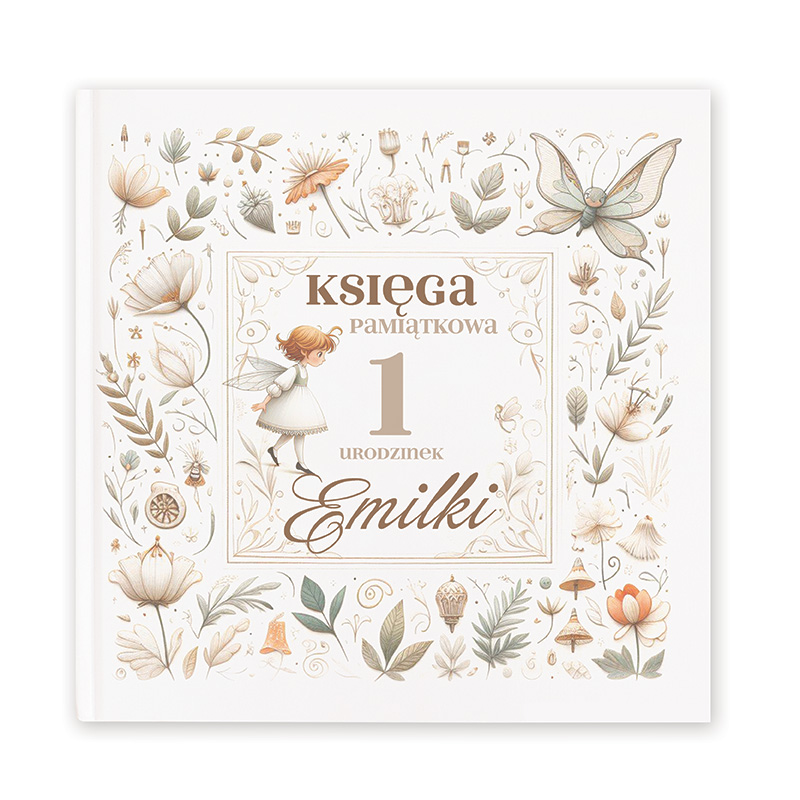 Księga pamiątkowa 1. urodzin, ozdobiona ilustracjami kwiatów i motyli, z postacią dziewczynki w centrum.