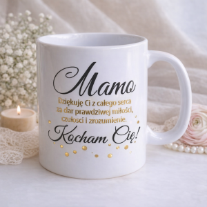 kubek-dla-mamy-zloty-napis Kubek z napisem "Mamo, Dziękuję Ci z całego serca za dar prawdziwej miłości, czułości i zrozumienia. Kocham Cię!" na tle dekoracji.