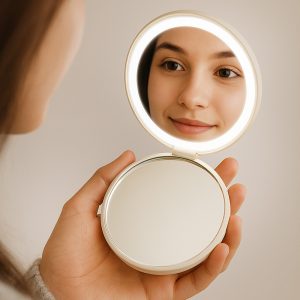 ledowe-lusterko.jpg Kobieta patrzy w lusterko w kosmetycznym etui o podświetleniu, uśmiechając się do swojego odbicia.