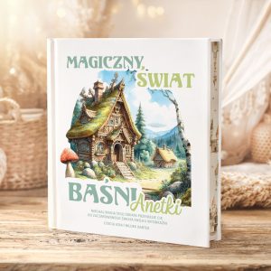 Ilustrowana książka o magicznym świecie, z uroczą chatką w lesie otoczoną grzybami i przyjemnymi kolorami.