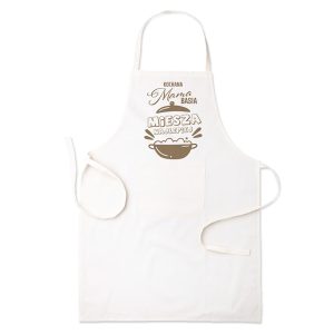 mama-miesza-najlepiej.jpg Fartuch kuchenny w kolorze białym z napisem "Kochana Mama Miesza Najlepiej" oraz ilustracją miski.